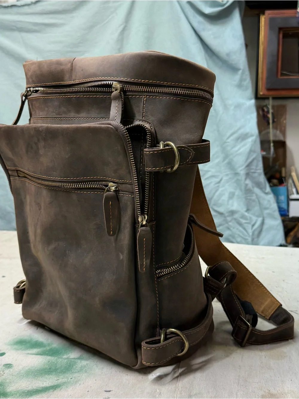 Classic Brown Genuine Leather Backpack. Excellent heavy duty brass hardware.